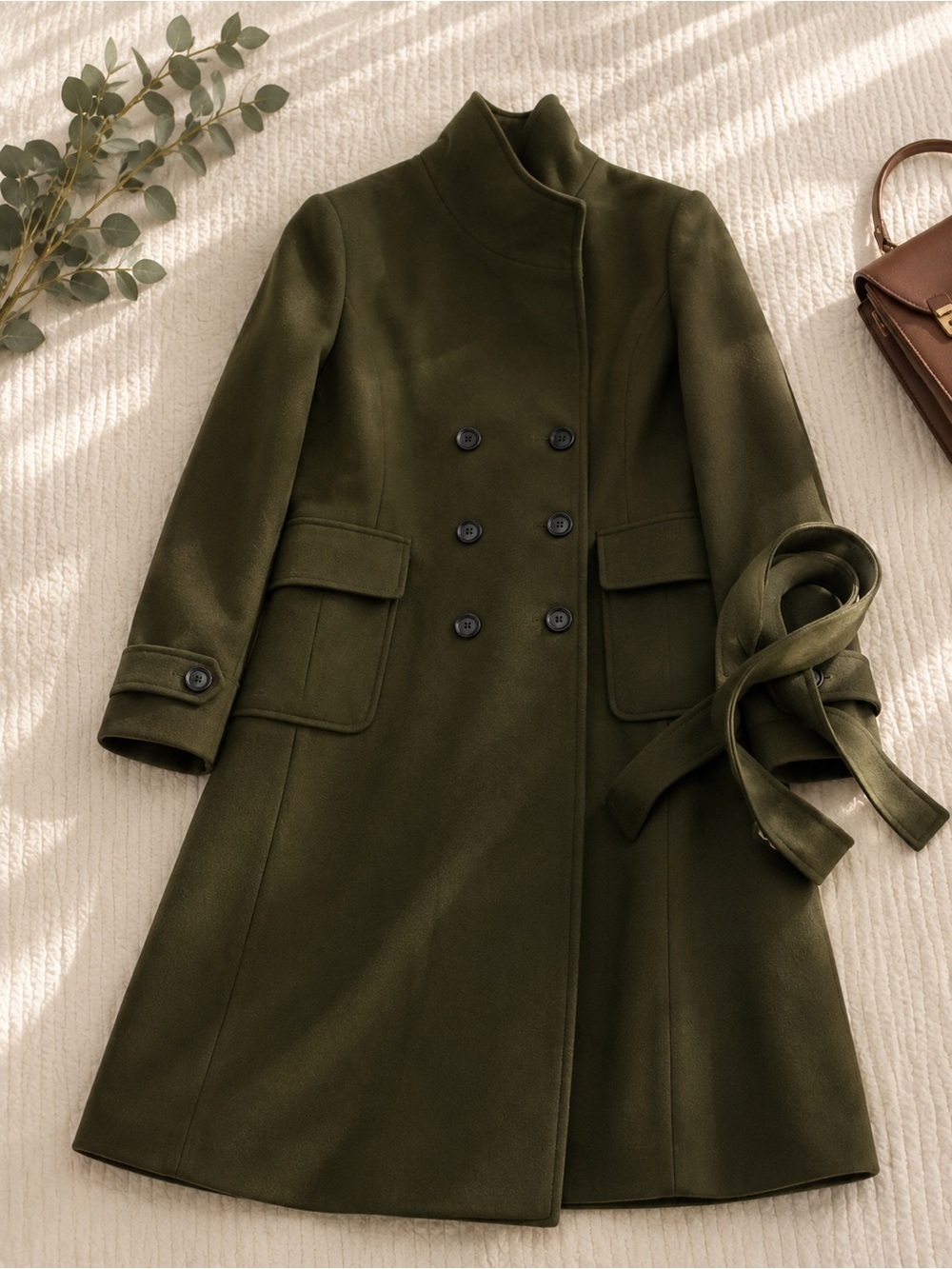 Tailored Olive Green Double-Breasted Pea Coat with Belt